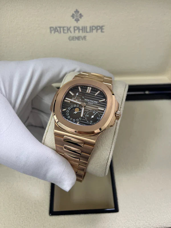 Patek Philippe Nautilus Moon Phase Rose Gold Brown Black Dial